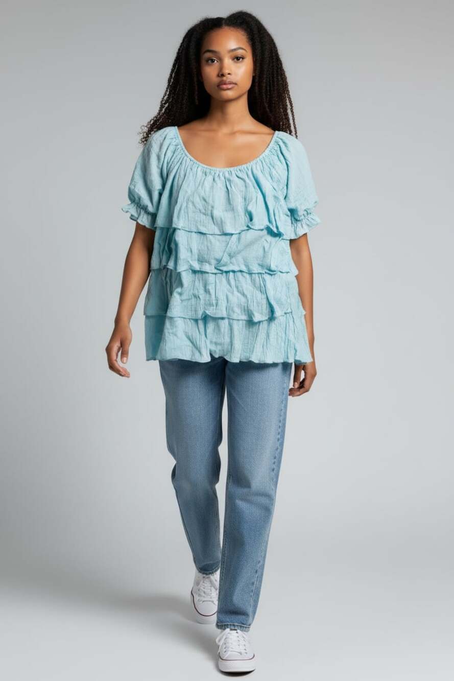 Dressbarn‎ Women's Size L Blue Tiered Ruffle Short Sleeve Blouse